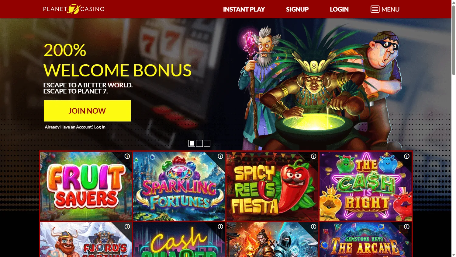 Planet 7 Oz Casino home experience on desktop